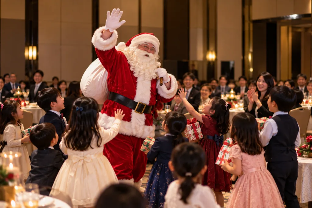 クリスマスパーティーの会場に登場したサンタクロース