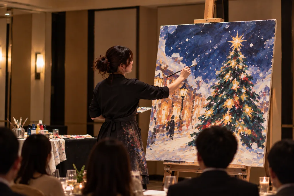 会場のキャンバスに絵を描き上げるライブペインティング